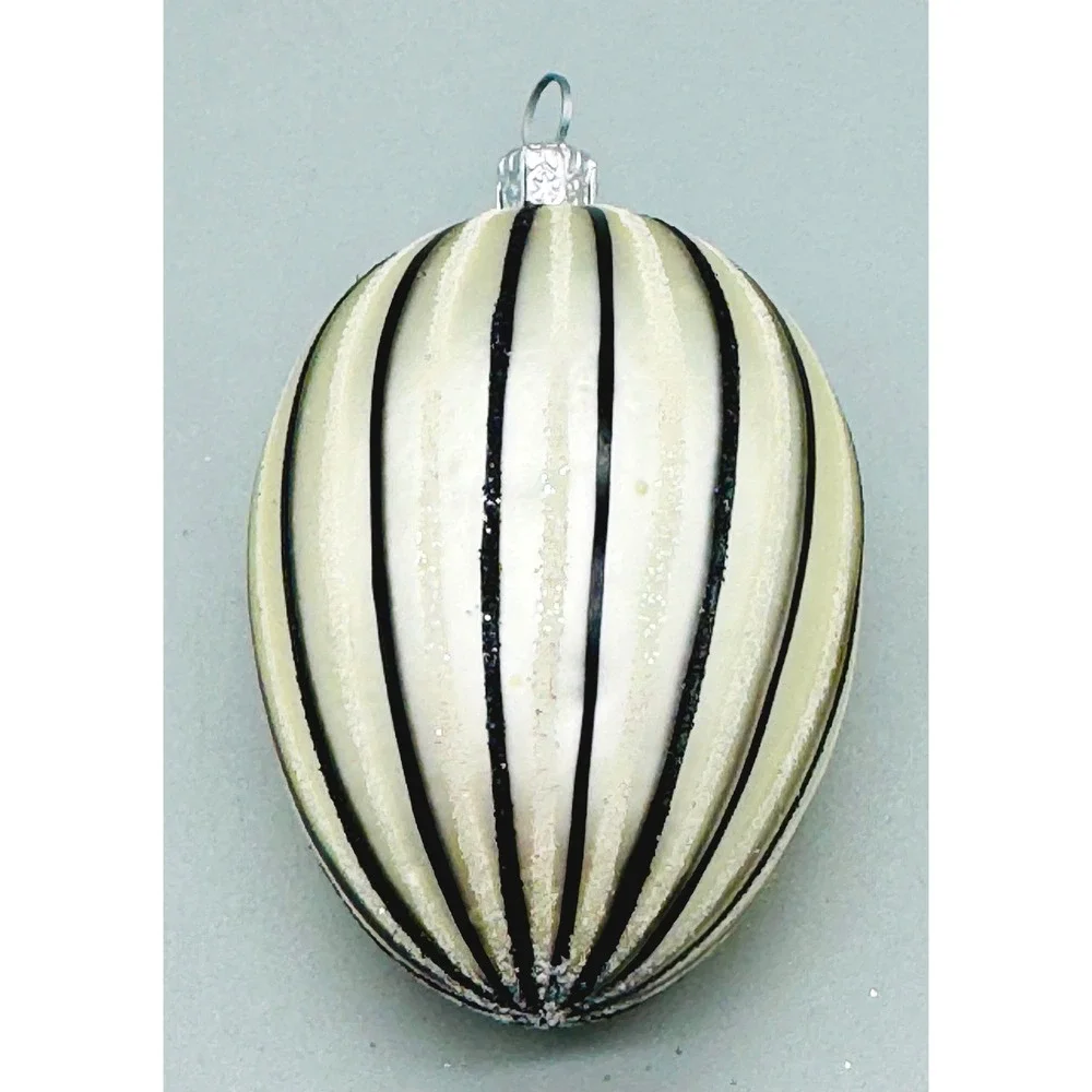 Unbranded Ornament Cream Black Heart Stripes Glitter Glass